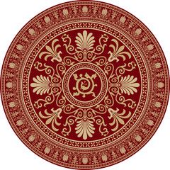 Vector red and gold colored round ornament of ancient Greece. Classic circle pattern of the Roman Empire