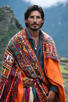 Man wearing peruvian lliclla elegance