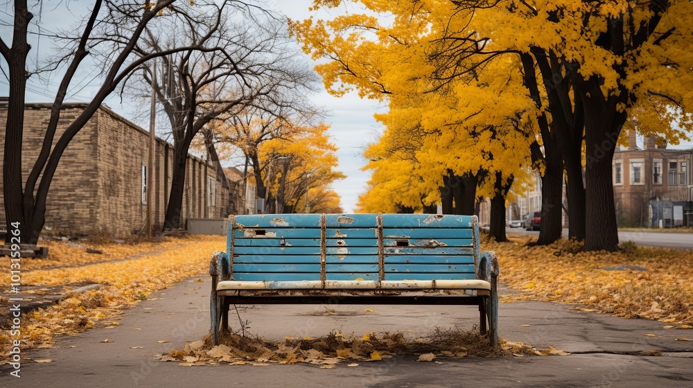 Sticker A weathered blue bench sits in the middle of a path flanked by golden leaves and trees