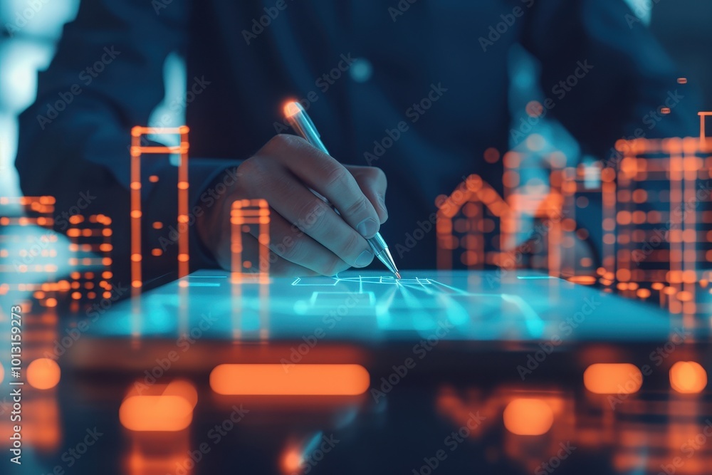 Poster architect working on a digital blueprint using a stylus on a touchscreen, surrounded by holographic 