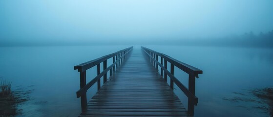 Obraz premium A serene wooden pier stretching into a calm, misty lake, creating a tranquil atmosphere perfect for reflection.