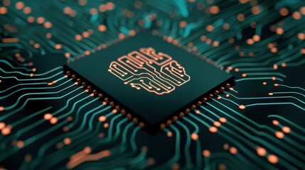 processor chip integrated on a futuristic circuit board, featuring glowing pathways and intricate electronic connections.