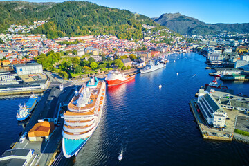 Aerial view of Bergen harbor and cruise ship at wharf, Norway
