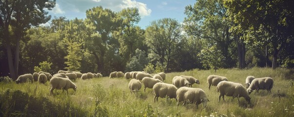 Obraz premium Grazing sheep on a farm, 4K hyperrealistic photo,