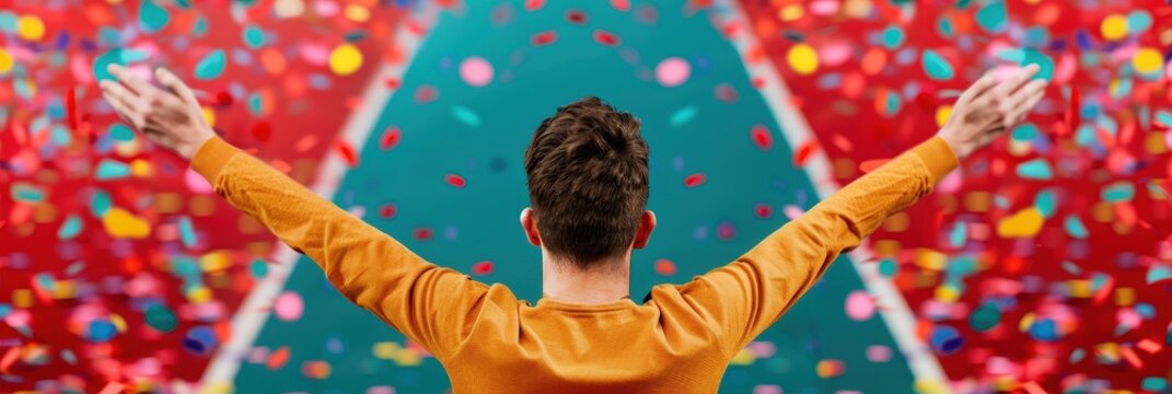Man raising his arms in celebration surrounded by colorful confetti, creating a festive and victorious atmosphere.
