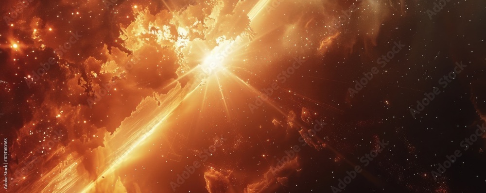 Poster pulsating conical space explosion with luminous nebulae and interstellar debris, 4k hyperrealistic p