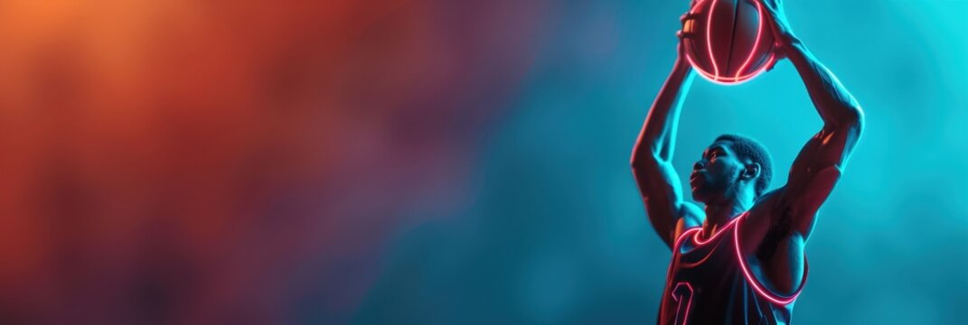 A basketball player holding the ball above his head, ready to shoot, illuminated by vibrant neon lights in a dynamic sports scene.