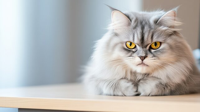 A beautiful silver cat with striking yellow eyes resting on a table, exuding an air of elegance and calmness.