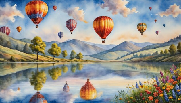 hot air balloons floating in the sky, calm lake, rolling hills and wildflowers, watercolor style