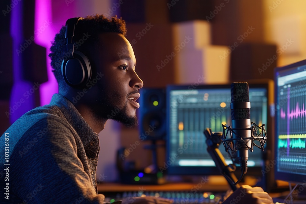 Leinwandbilder A professional podcaster speaks animatedly into a microphone while monitoring audio levels on various computer screens. Generative AI