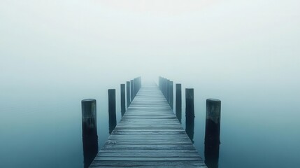 Fototapeta premium A serene wooden pier extending into a misty, tranquil body of water, evoking calmness and reflection in nature.