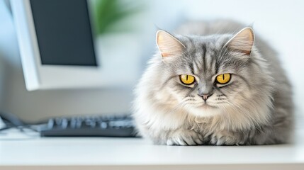A fluffy silver cat with striking yellow eyes resting on a desk beside a computer, creating a cozy home office atmosphere.