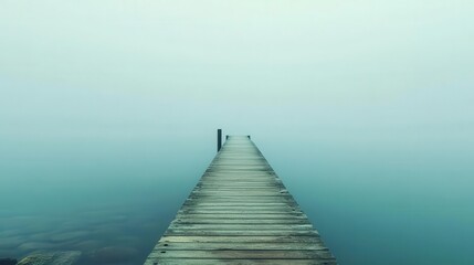 Fototapeta premium A serene wooden pier extends into a misty lake, surrounded by tranquil waters and soft colors, perfect for peaceful reflections.