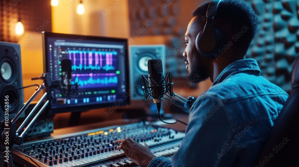 Aufkleber in a sound studio, a professional podcaster uses a mixing console while actively speaking into a mic