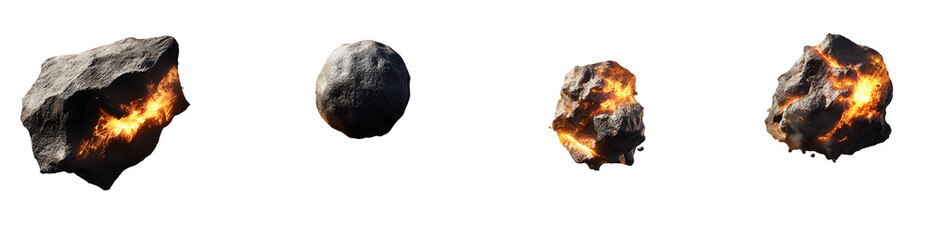 Fototapeta premium Set of various realistic large comet meteorites burns isolated on transparent background.&nbsp;