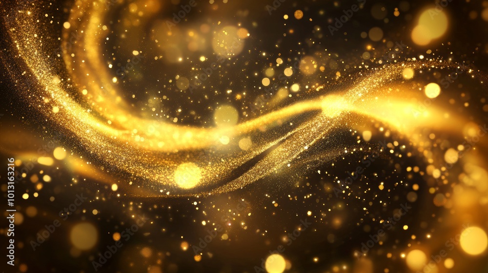 Sticker elegant golden waves with sparkling glitter against a dark background, creating a mesmerizing visual
