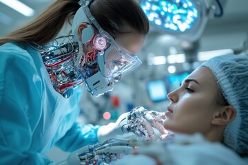 A cybernetic woman interacts with another possibly human or robot figure in a high-tech operating room, signifying the blending of human and machine in a clinical setting.