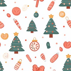 Christmas tree ornaments and candy doodles, seamless pattern
