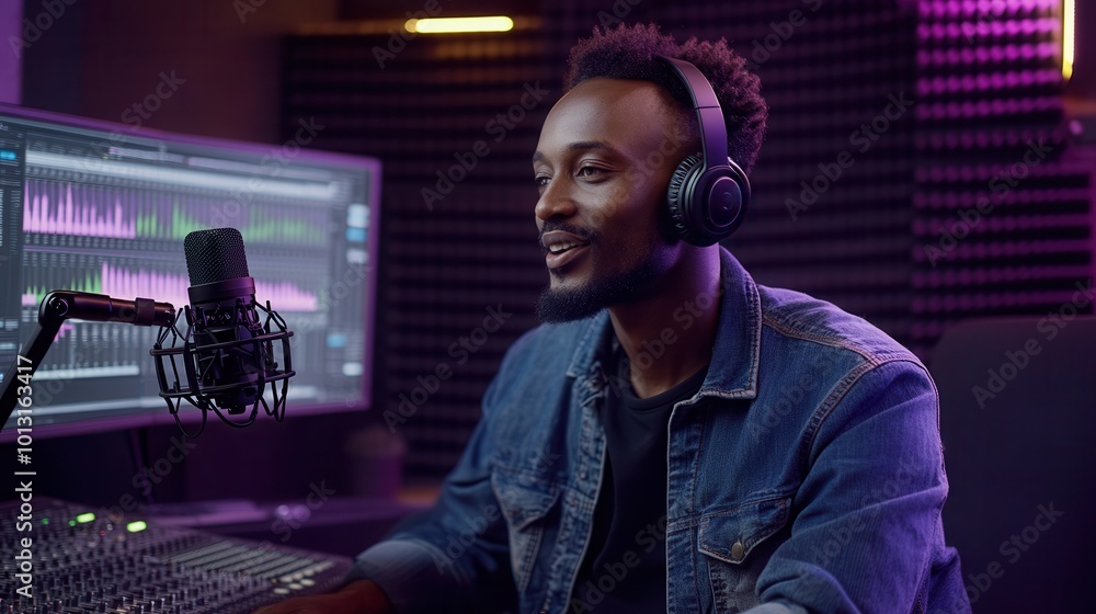 Aufkleber the podcaster engages with listeners while adjusting his microphone in a vibrant studio, surrounded 