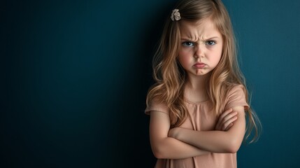 Naklejka premium A young girl crossing her arms with a serious expression against a dark blue background during indoor playtime.