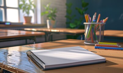 Notebook on the classroom desk, 4K hyperrealistic photo