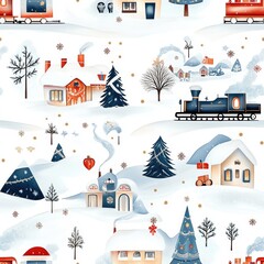 Festive Seamless Pattern of Christmas Trains and Winter Scenes