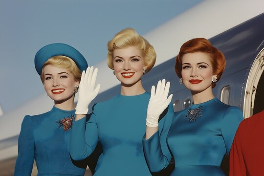 Vintage retro flight attendants stewards waving cheerfully. Mid century aviation travel advertising. 