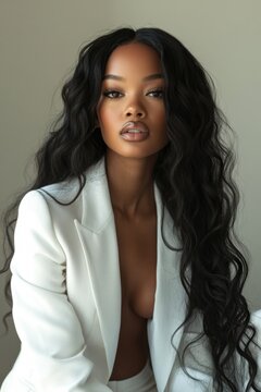 A stunning portrait of a woman with long, wavy black hair. She wears a white suit that exudes elegance and confidence. This image captures beauty and sophistication. AI