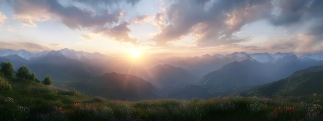 The sun shines through the clouds, casting rays of light on mountains and green grass in mountainous areas