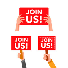 Hands holding join us signs encouraging people to become members