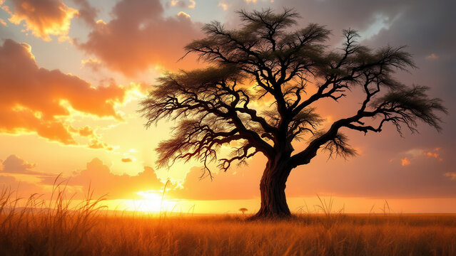 A dead Acacia tree stands alone surrounded by a sea of backlit savanna grass. The African sunset silhouettes the majestic branches against the horizon and a sky filled with vibrant clouds.