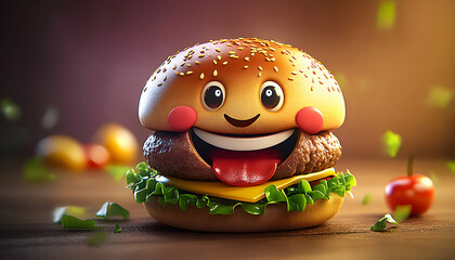 Happy 3d hamburger face, cartoon illustration