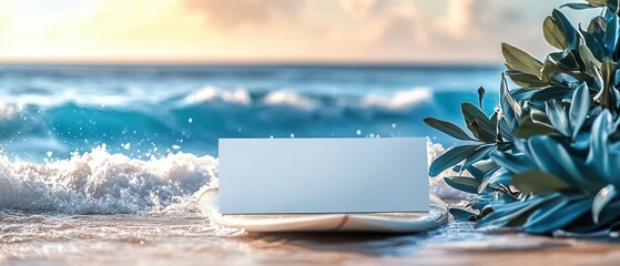 Serene beach scene with gentle waves, a blank card, and lush foliage, perfect for nature, relaxation, or promotional content.
