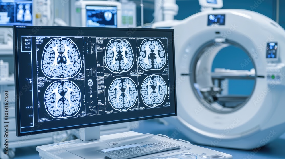 Poster futuristic ai-powered diagnostics lab: automated scanning, interactive health data panels in sterile