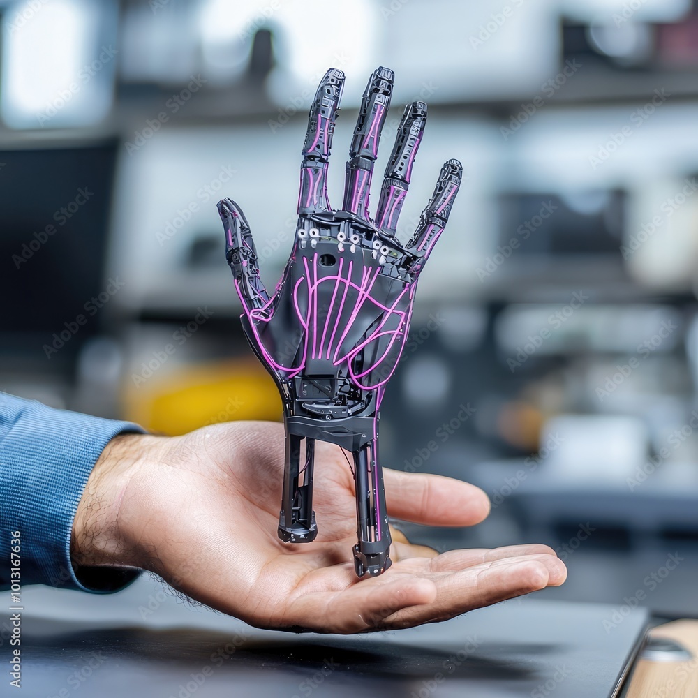 Poster cutting-edge ai-enhanced prosthetics lab - robotic arms crafting advanced limbs with futuristic neon