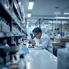 Obraz premium Research Scientist Looks into Microscope. He's Conducts Experiments in Modern Laboratory.