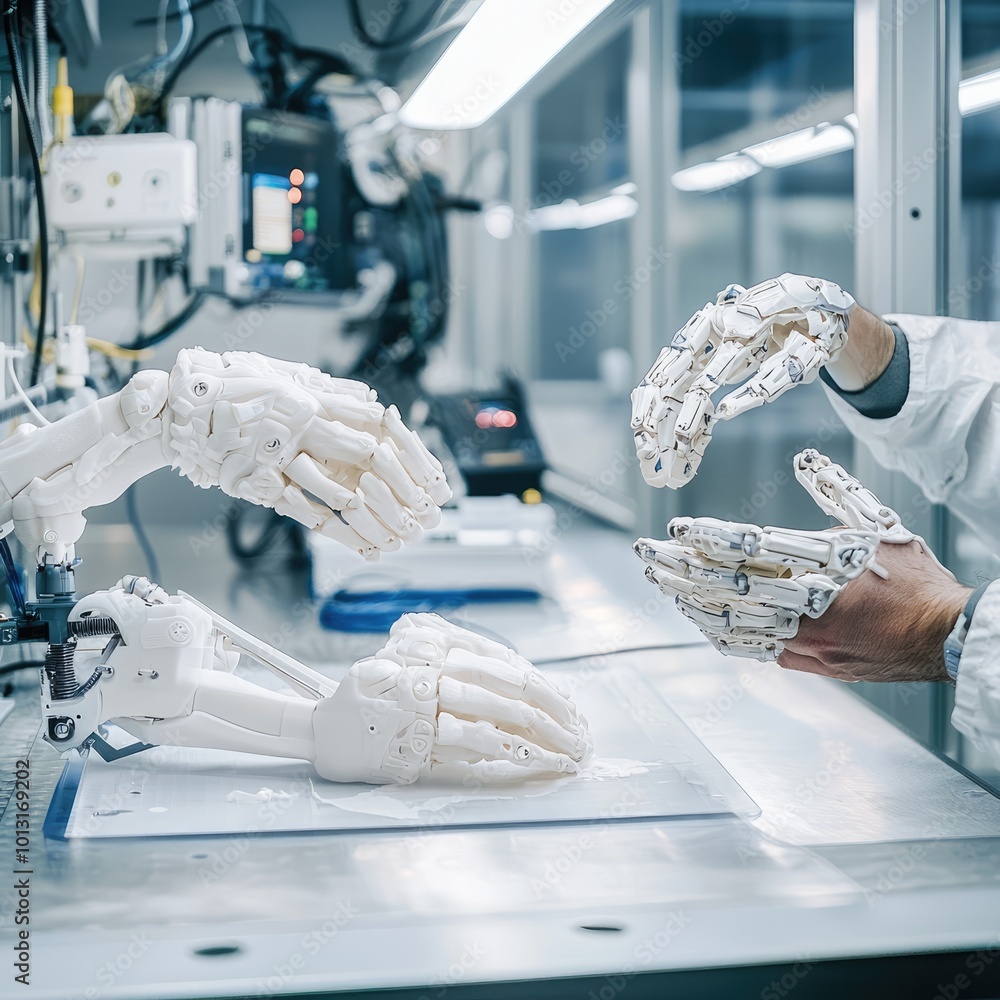 Poster advanced assembly of 3d-printed prosthetic limbs in a futuristic hospital lab with robotic precision