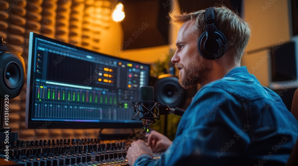 Aufkleber the podcaster focuses intently on the conversation while adjusting equipment in a well-lit recording