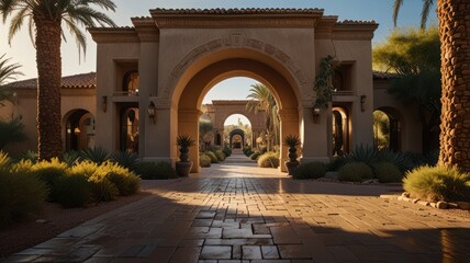 Obraz premium A walkway lined with palm trees leads to a series of arches in a desert setting, creating a symmetrical and inviting entrance.