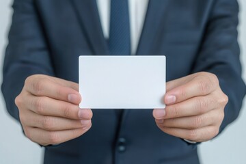 Fototapeta premium A businessman in a suit holds out his hand with blank white or transparent paper cards for you to copy space text or message on it. 
