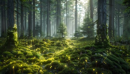 Obraz premium Magic forest with sunbeams and rays of light in the morning