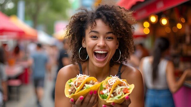 Beautiful Young curly hair Woman Eating Tacos Fast Food Outdoors, Happy girl enjoyment holding on Taco food, street food festival, generative ai portrait