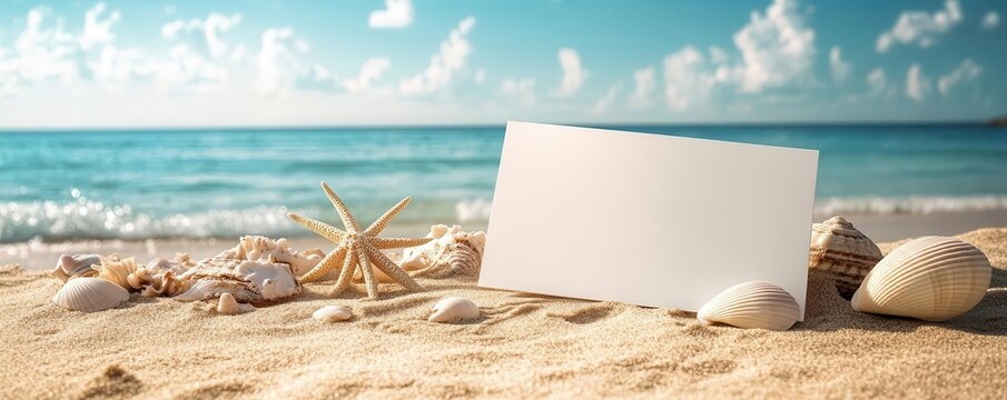 A serene beach scene with a blank card, seashells, and soft sand against a backdrop of crystal-clear water and soft clouds.