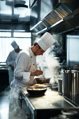 Uniformed male chef cooking inside a professional kitchen.