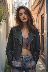 Naklejka premium Woman wearing cropped leather jacket ensemble