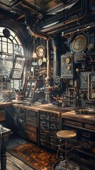 Obraz premium Vintage workshop with intricate steampunk designs, 4K hyperrealistic photo