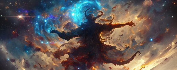 Fototapeta premium A celestial devil-shaman soaring through the cosmos, wielding cosmic energies to reshape galaxies, 4K hyperrealistic photo
