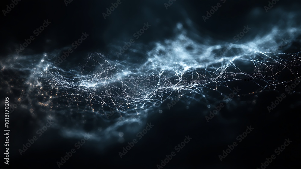 Poster abstract wave of interconnected glowing particles on a dark background.