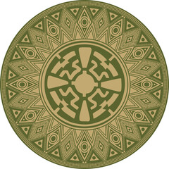 Native American vector round gold with green pattern. Geometric shapes in a circle. National ornament of the peoples of America, Maya, Aztecs, Incas