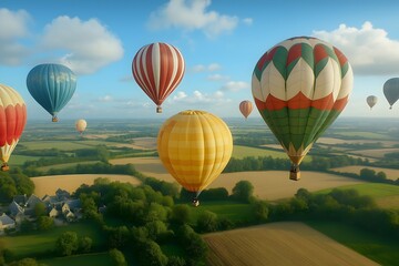 Obraz premium Hot air balloons flying over the French countryside, sunny day blue sky, landscape below. 